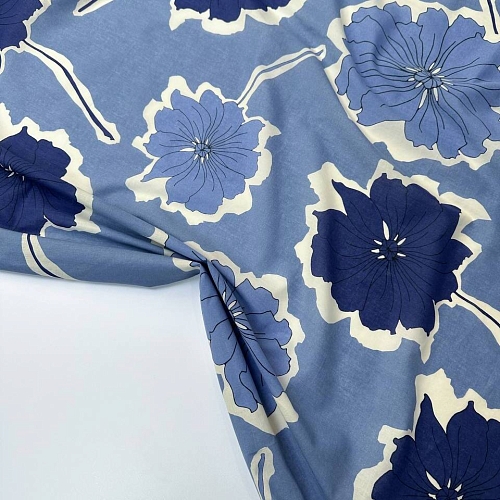 Плательно-блузочный хлопок Серо-синие цветы 53572